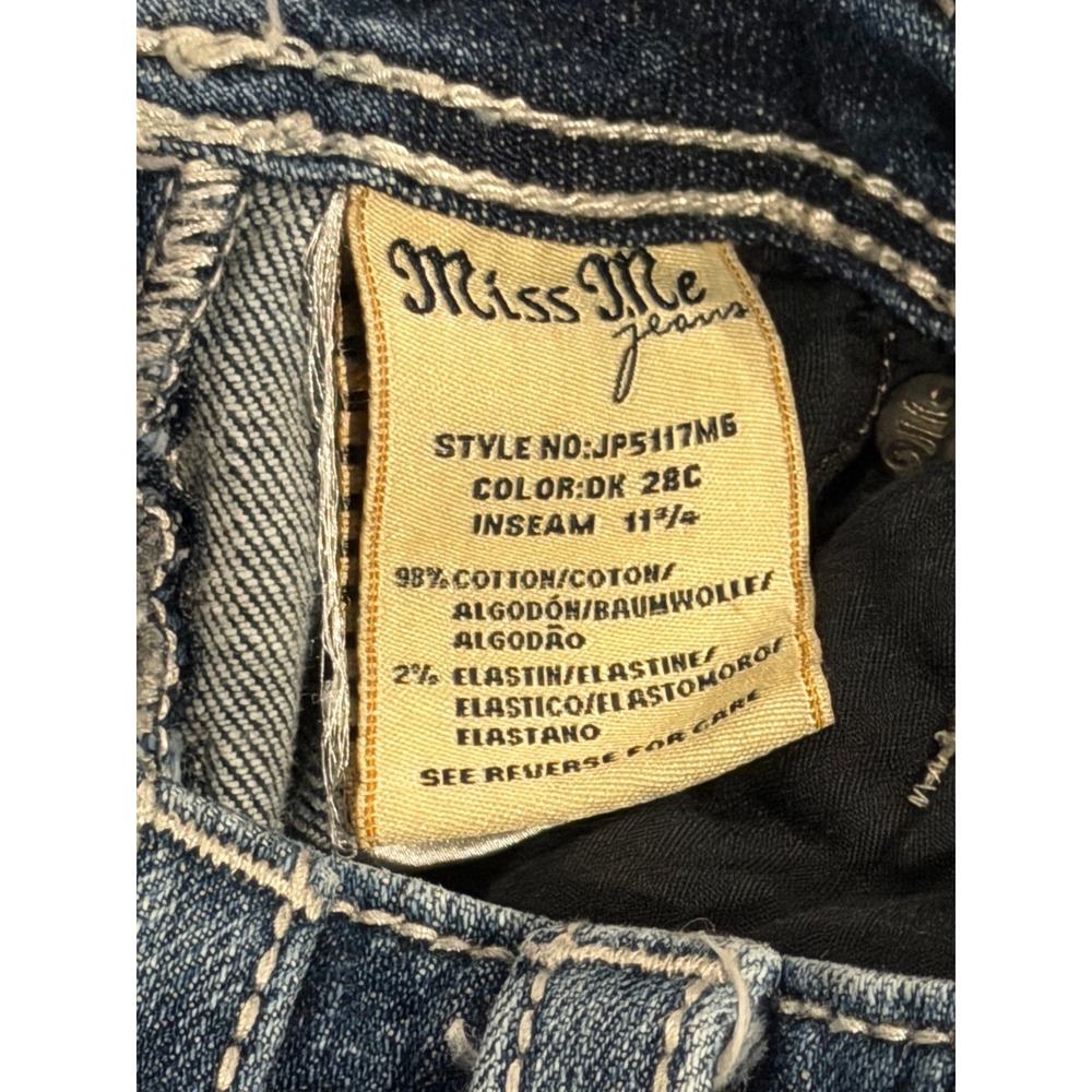 Miss Me Angel Wings Cross Bling Distressed Denim Low Rise Y2K Bermuda Shorts 25 - Picture 11 of 11
